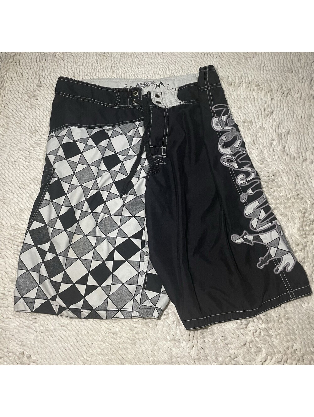 Micros Board Shorts Mens 33 Black White Geometric Surf Swim Trunks Lace Up